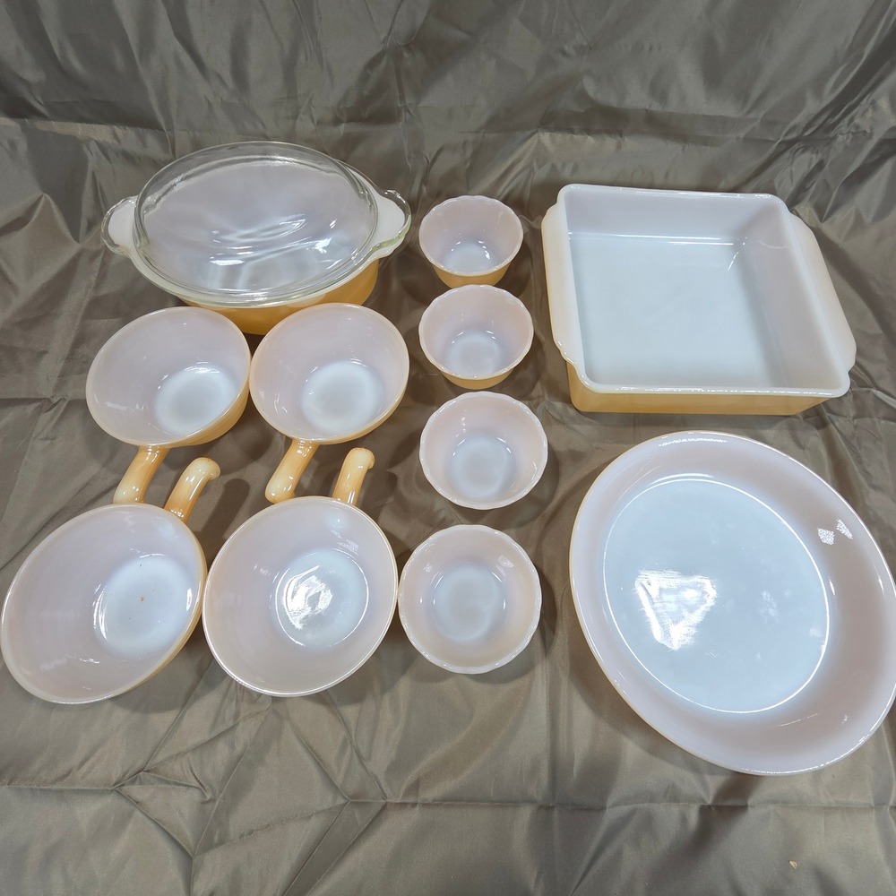 Vintage Fire-King Peach Lustre Suburbia Milk Glass Casserole Bowl Set 12pc